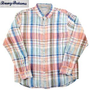 Tommy Bahama 100% Linen Shirt Plaid Button Up Long Sleeve Dry Cleaned Men Large
